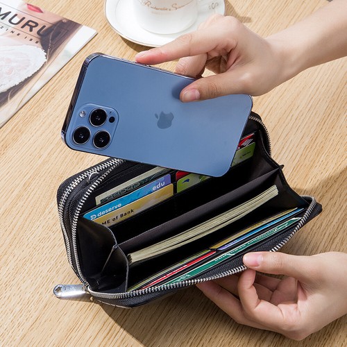 Genuine Leather Women Double Zip Wallet Phone Bag Crossbody Shoulder Pack Black - Picture 8 of 9