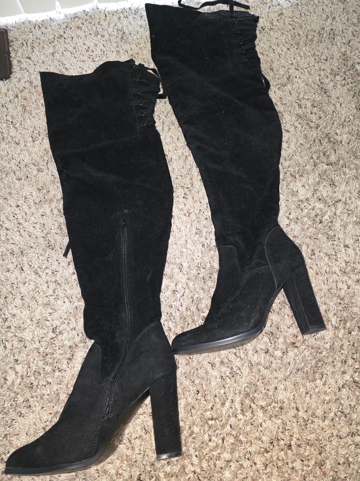 Women Thigh High Black Pumps with functional  Zip and Lace Details