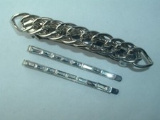 VINTAGE SILVER TONE METAL LINK BARRETTE GLASS BEAD BOBBY PINS HAIR ACCESSORY