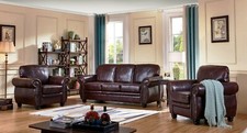 Burgundy Leather Traditional 3 Seater Sofa + 2 Armchairs Suite -HIGHBURY