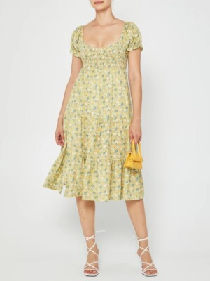 OPT Anthropologie Lanna Floral Tiered Smocked Midi Dress XS Boho Crinkle  Cotton | eBay