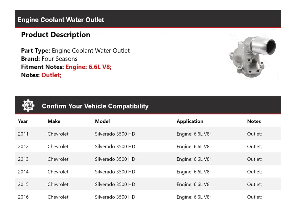 适用于 2011 - 2016 雪佛兰索罗德 3500 高清发动机冷却水插座 4 季 — 第 2/4 张图片