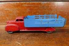 Vintage 1930s Marx Pressed Steel Stake Bed Farm Truck - 20  Long Red  Blue