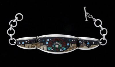 Inlay Pueblo Village & Monument Valley Scene With Indian Headdress Bracelet