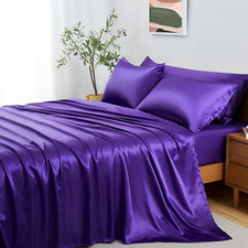 Twin Size Satin Bed Sheets Set, 4-Piece Luxury Purple Bedding, Ultra Soft