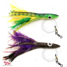 2pcs 6" Fish WOW!® Tuna Clone Feather Head Rigged 3oz Trolling lure Purple Green