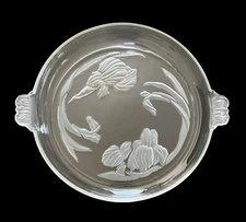 Vintage Floral Frosted Iris Platter w/Leaf Handles Clear Glass 14”