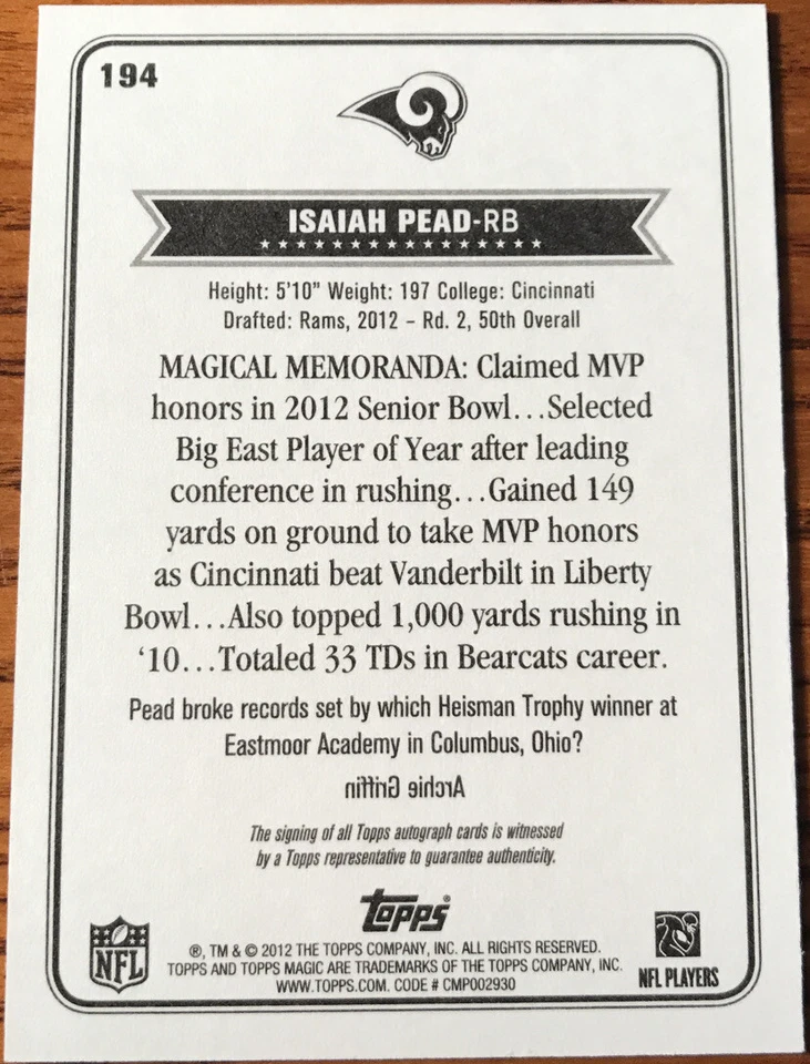 2012 Topps Magic Autographs Isaiah Pead #194 St.Louis Rams - Image 2 of 2