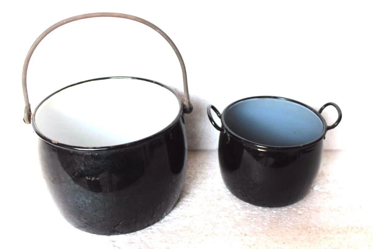 2 Pc Black Cooking Pot Vintage Enamel Ware Kitchenware Home Decor