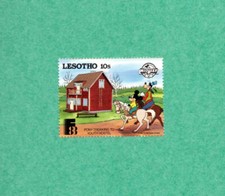 1 TIMBRE LESOTHO WALT DISNEY 1988 MICKEY DINGO RANDONNÉE PONEY AUBERGE JEUNESSE