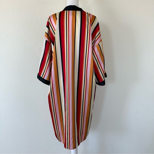 F21 Colorful Bold Striped Long Line Short Sleeve Open Front Satin Kimono Small - Picture 4 of 6