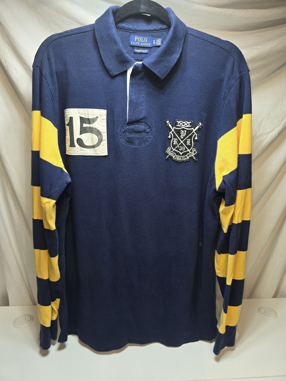 FILA Polo Ralph Lauren Rowing Club Rugby Shirt Personalizzata Slim Fit Blu Giallo Tg XLarge
