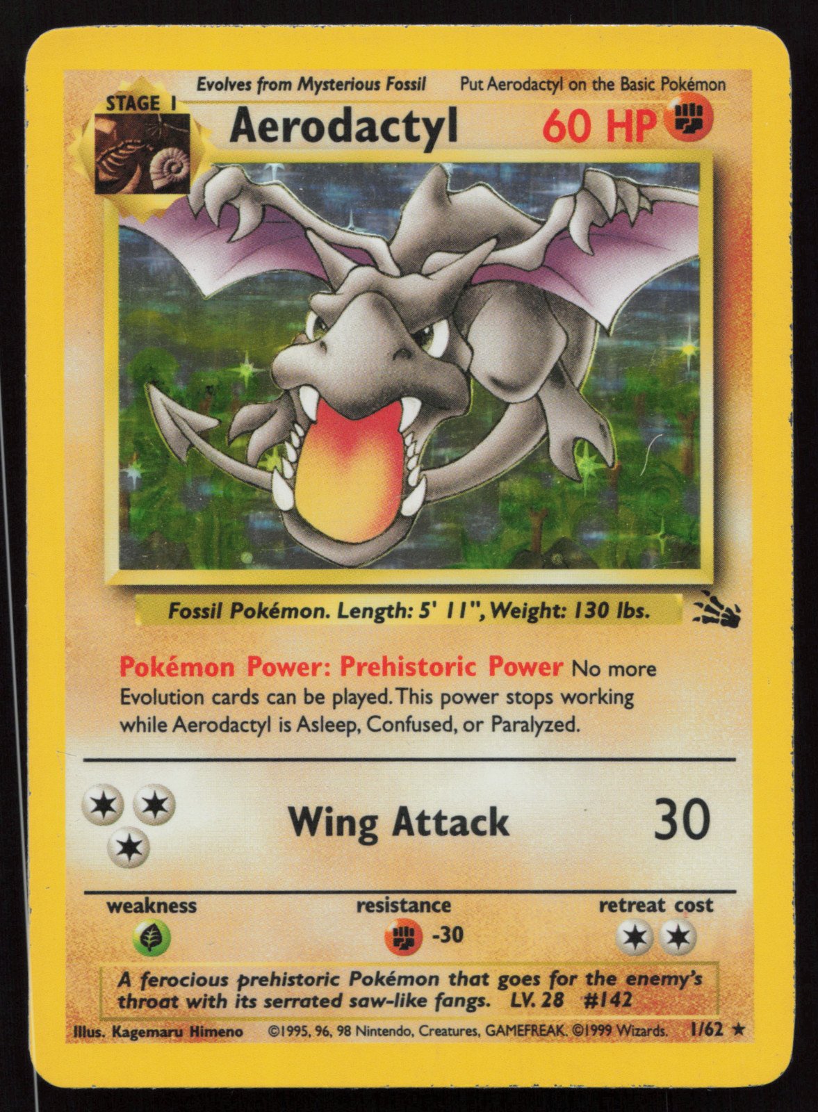 Pokemon Card Fossil Aerodactyl 1/62 Rare MP Holofoil 1999 WOTC