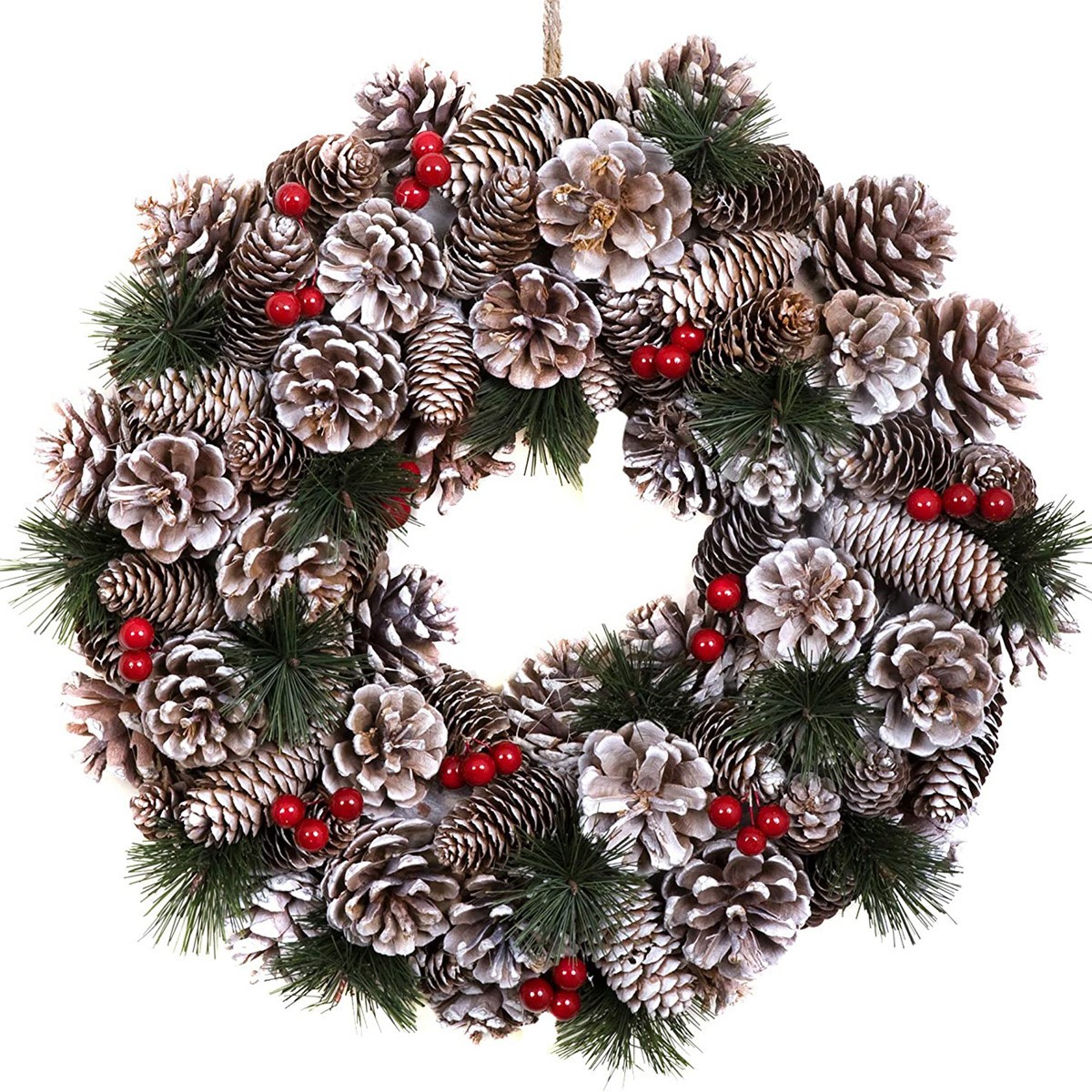 GreenBrokers Christmas Hanging Wreath 38cm Pine Cones Berries Subtle Frosting