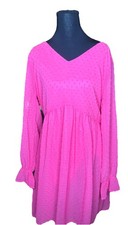 ZENANA Candy Pink Swiss Dot XLarge Babydoll V Neck Dress Long Sleeve