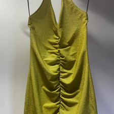 Green body con halter stretchy shiny lame' mini dress with ruchingon the front!