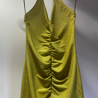 Green body con halter stretchy shiny lame' mini dress with ruchingon the  front! | eBay