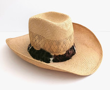 VTG Adam Western 101 Corral Straw Hat Curl Brim High Crown Feather Hatband Sz 7