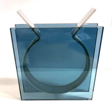 Vintage Peter Hewitt MoMA Square Ribbon Vase Blue Glass Anodized Aluminum RARE