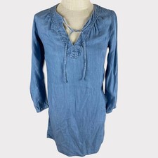 Old Navy Womens XS Blue Chambray Dress Tie V Neck L/S Short Shirt Dress