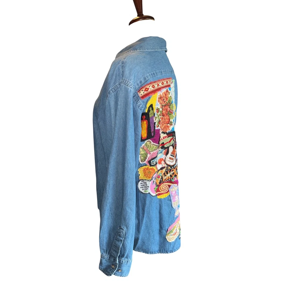 Upcycled Harriton Denim Shirt Jacket | 2XL Quilted Folk Art Patchwork Vintage - Image 4 of 4