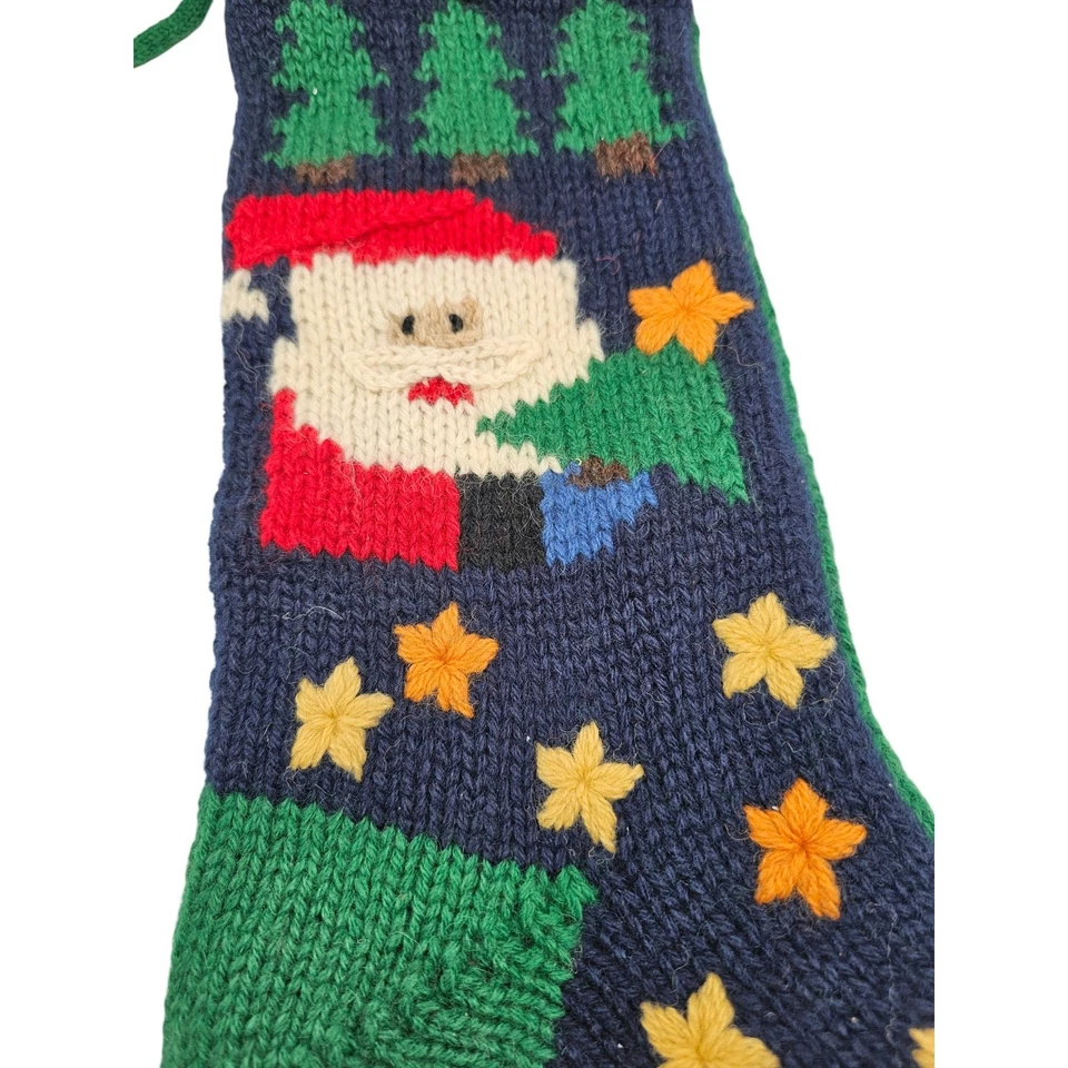 VTG Wool Knit Santa Claus Yellow Stars Green Background Christmas Stocking 19” - Image 2 of 4