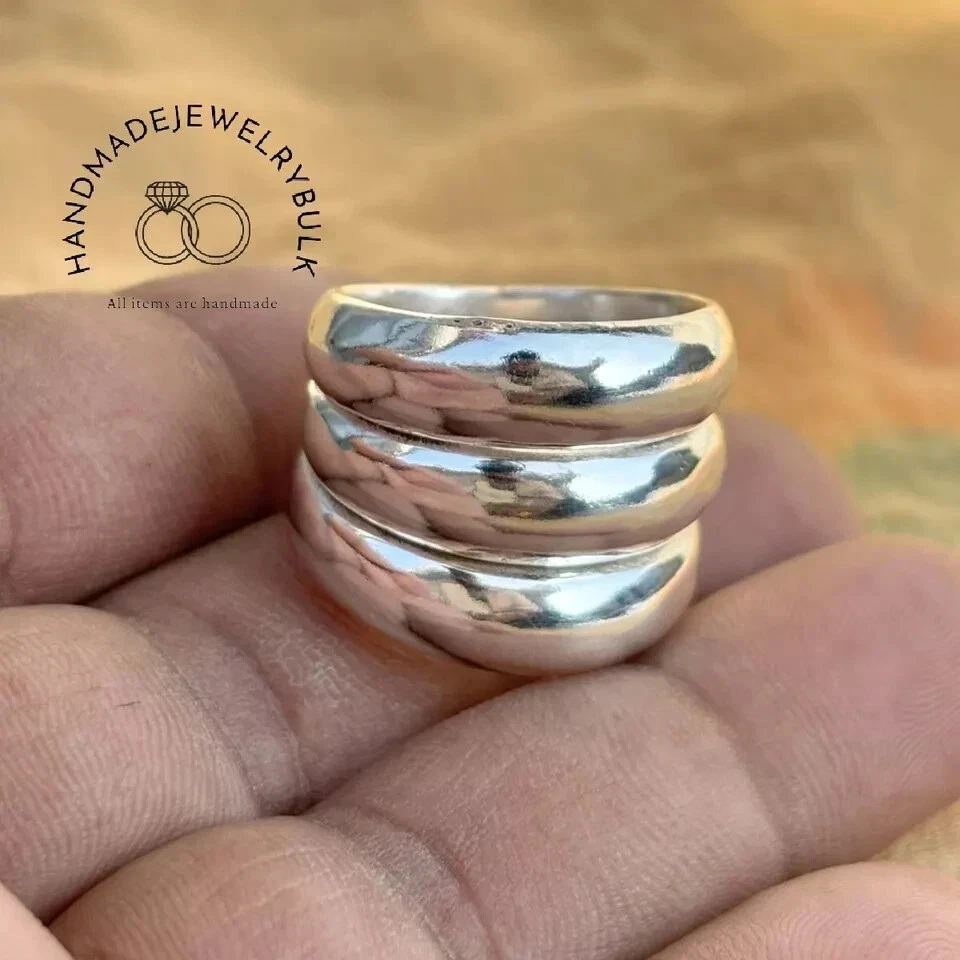 Triple Stack Silver Wide Statement Ring 925 Sterling Silver Dome Rings For Woman - Image 3 of 4