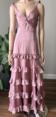 Altar'd State Alana Marie Maxi Dress S Small Pink Tiered Ruffle Cutout Boho