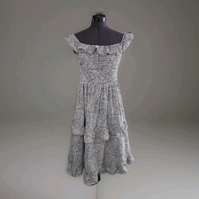 Belinda Off-Shoulder Smocked Ruffle Midi Dress Stretchy Fit Black & White Size S