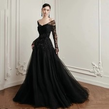 Off Shoulder Long Sleeved Evening Gown Special Occasion Layered Lace Ball Dress