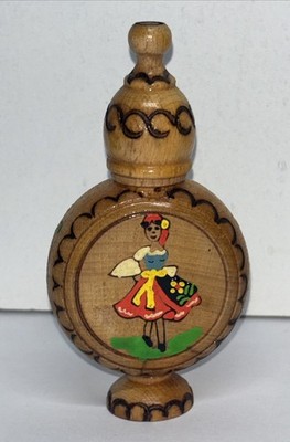 Wooden Perfume Bottle Bulgaria w/ Rose Oil Communist Era Folk Art Souvenir