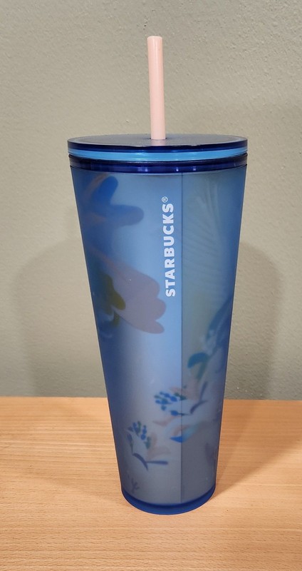 Starbucks Tumbler Cold Cup with Peach Straw Blue Tropical Flower Design 24 oz.