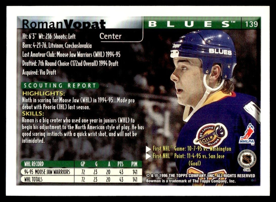 1995 Bowman #139 Roman Vopat - St. Louis Blues - Rookie - Image 2 of 2