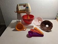 Vintage 1987 Fisher-Price Toy Mixer Fun With Food Set Red Bowl Swirl Cakes