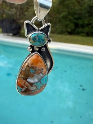 Artisan Whimsical Kitty Spiny Turquoise & Mojave Bezel SS 925 Statement Pendant