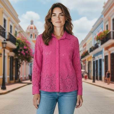 Women's Lace Hot Pink Blouse Button-Down Top Women's Medium NEW