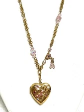 Kirks Folly Fairy Dream Heart Locket Necklace Pink Gold Tone 24” Ex Cond