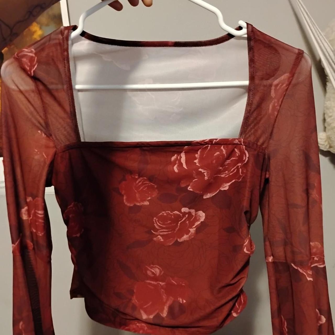 Women’s Red Sheer Mesh Floral Square Neck Long Sleeve Cropped Top