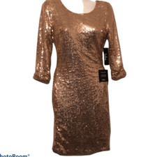 Lulus sequined dress Size Small gold 3/4 sleeve bodycon V back lined party