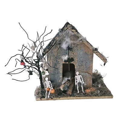 VTG Halloween Haunted House Wooden Handmade Skeleton Pumpkin Ghost Witch Spider