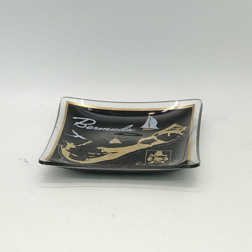 Vtg MCM Souvenir Bermuda Glass Trinket/Ash Tray; Black, White And Gold On Clear - Picture 3 of 4