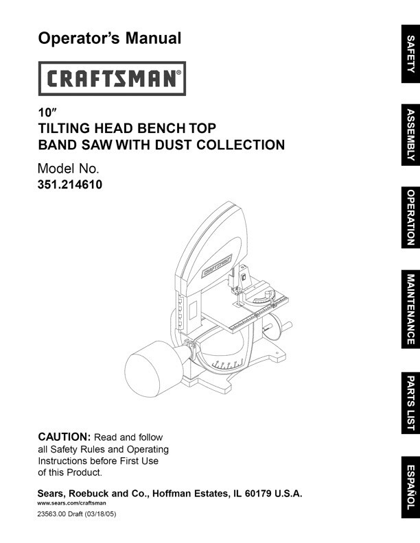 Owner's Manual & Parts List Sears Craftsman 10