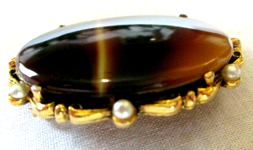 Broche Vintage Or Perle œil De Tigre Cristaux - Ancienne - Occasion Parfaite
