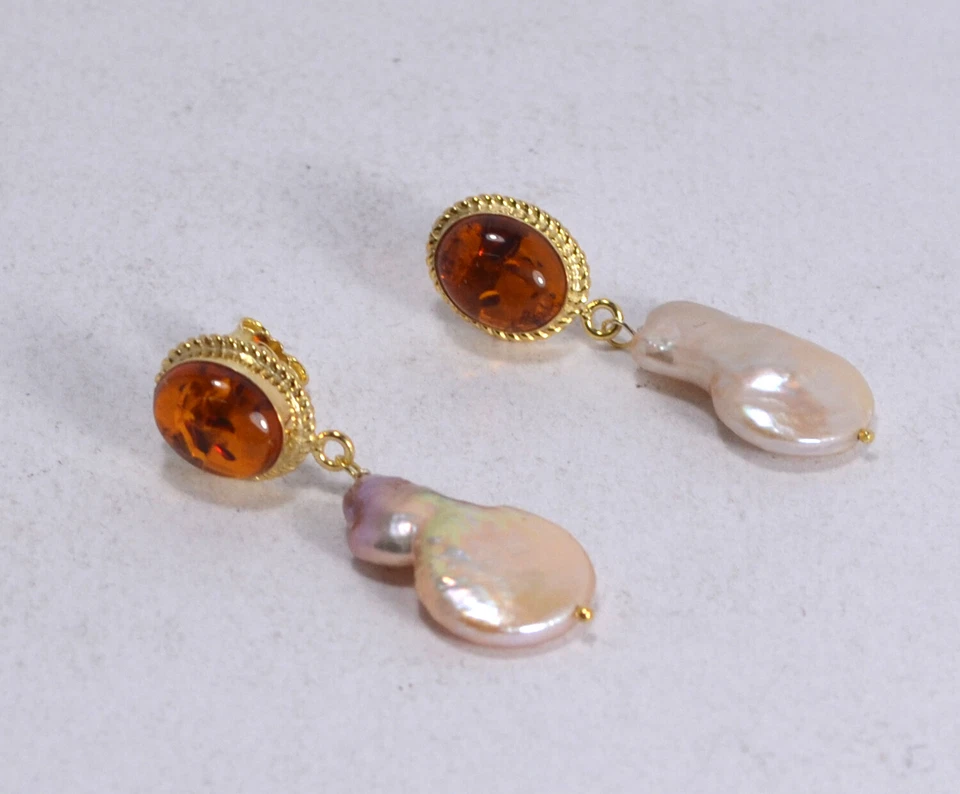 ORECCHINI  ARGENTO 925 DORATO OVALI AMBRA  E PERLE  BAROCCHE          AGHT 0799 - Immagine 3 di 3