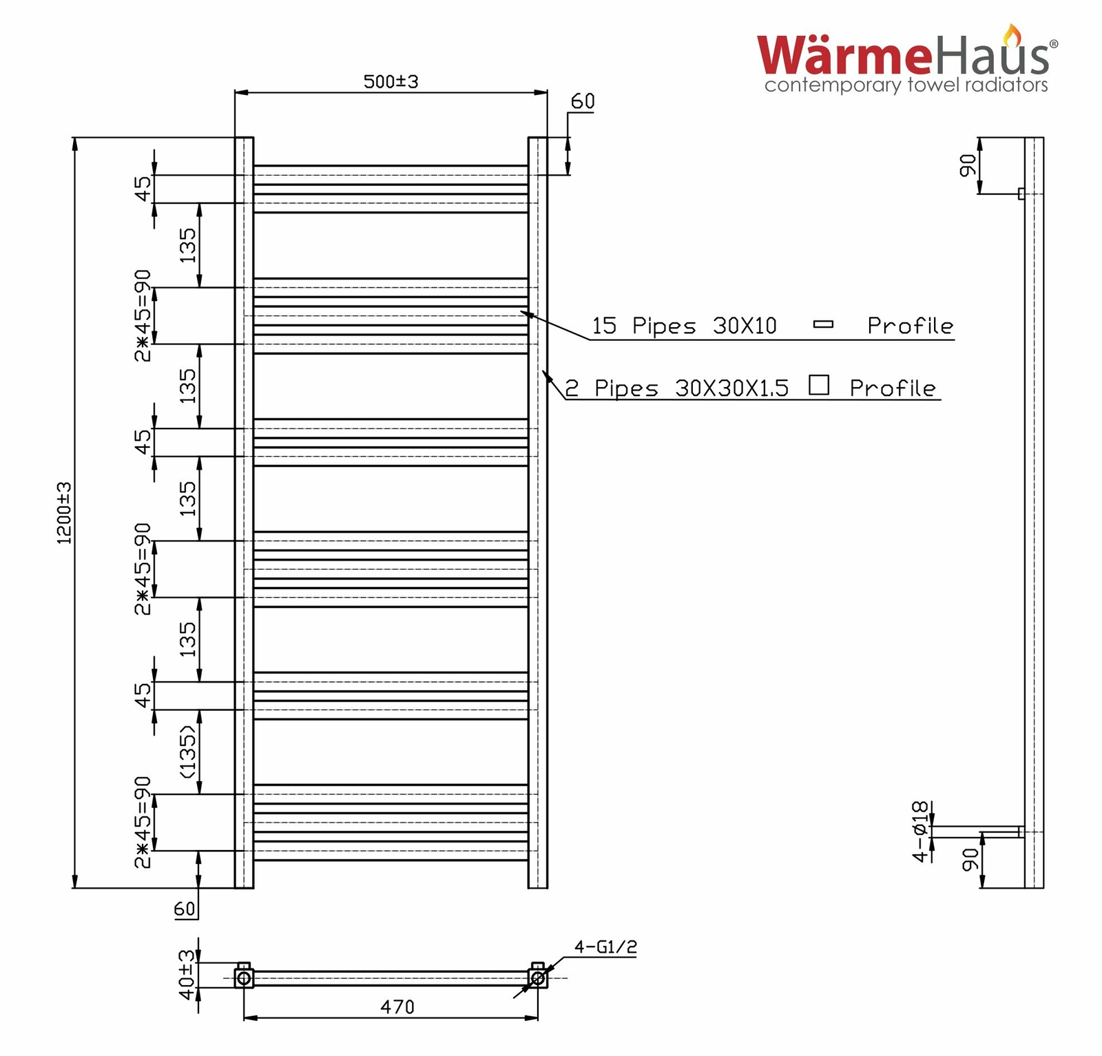 Designer Bathroom Heated Towel Rail Radiator Square Ladder Style 1200 x 500 Grey