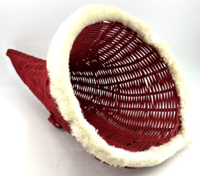 Cornucopia Horn of Plenty Red Wicker Rattan Faux Fur 14'' Hang or Table Top Vtg