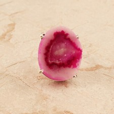 Pink Geode Druzy Double Layer Silver Plated Prong Set Statement Adjustable Ring