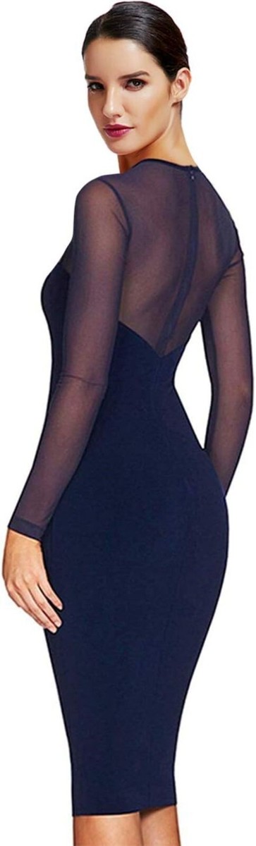 Elegant Blue Midi Bodycon Dress with Cutout Keyhole & Transparent Sleeves