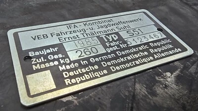 PBTECHNICS SIMSON IFA VEB Typenschild S51 260kg auch mit Zusatz nach Kundenwunsch graviert