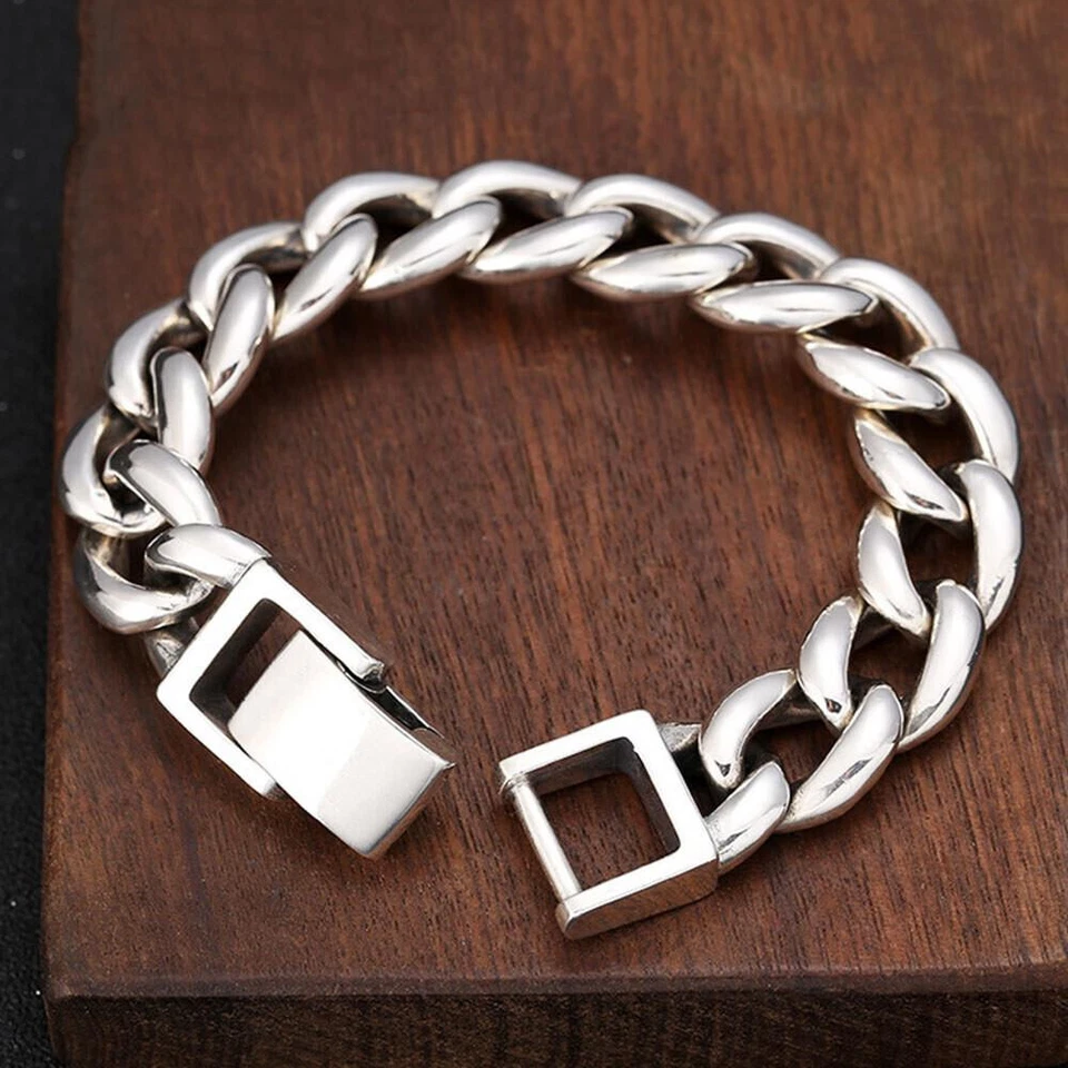 Real S925 Sterling Silver Chain 16mm Heavy Curb Cuban Link Bracelet 7.1-7.9inch - Image 3 of 4